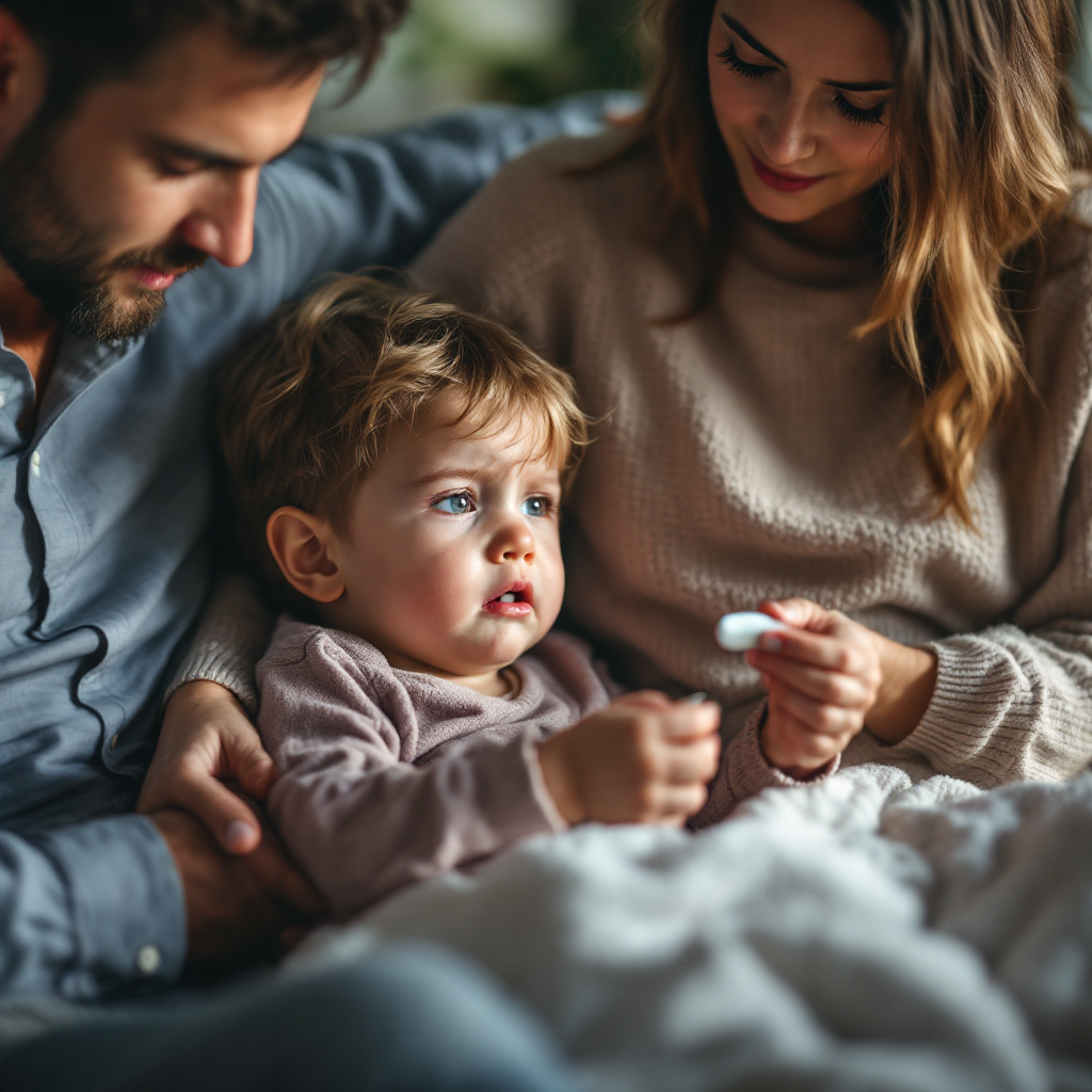 Image d'un enfant recevant un médicament pour la fièvre, avec des parents attentifs.